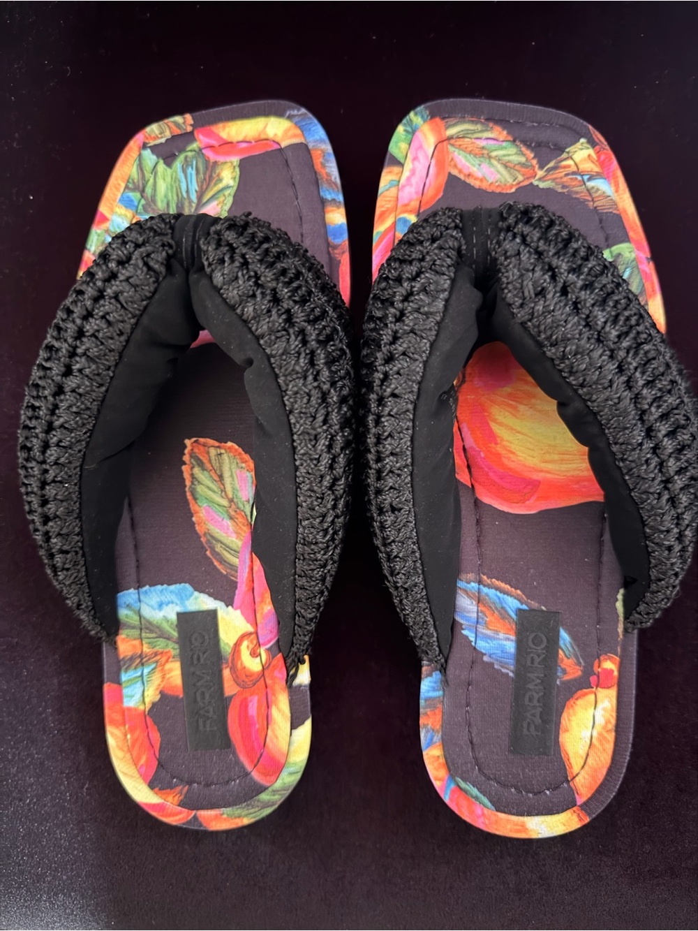 FARM Rio Black Crochet-Style Strap Sandals with Vibrant Floral Footbed